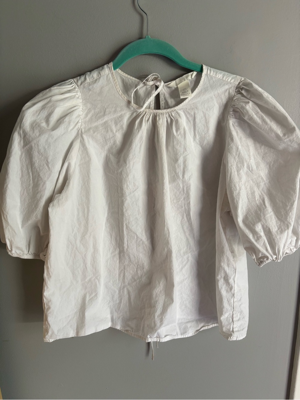 H&M White Puff-Sleeve Cotton Blouse - Tie-Back Detail Small